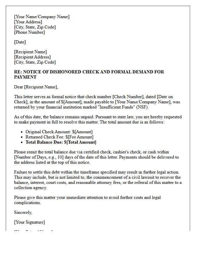 Outstanding Balance Due to Insufficient Funds and Legal Notice Letter