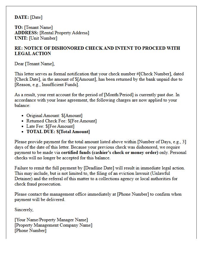 Property Management Bounced Check and Legal Action Letter