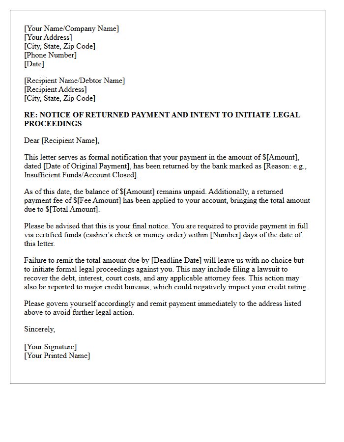 Returned Payment and Intent to Initiate Legal Proceedings Letter