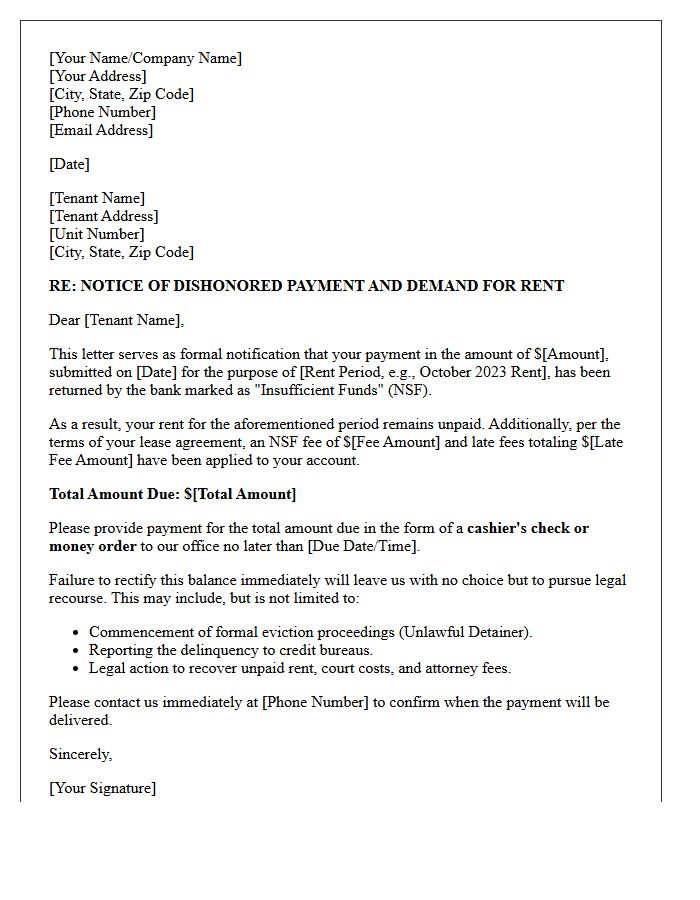 Tenant Insufficient Funds and Legal Recourse Notification Letter