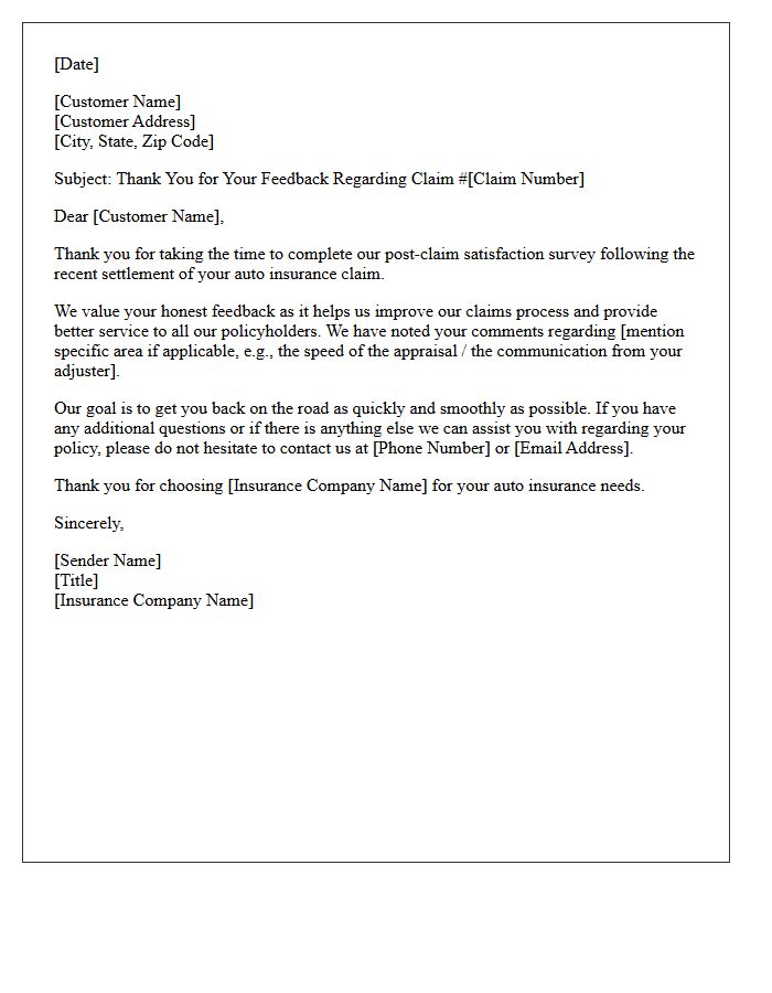 Auto Insurance Post-Claim Survey Thank You Letter