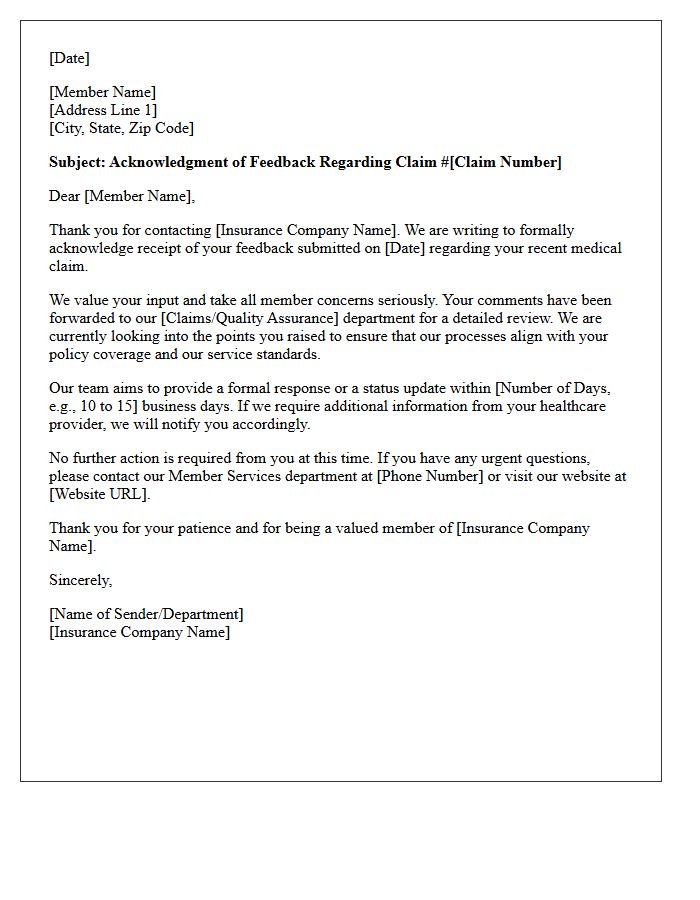 Health Insurance Medical Claim Feedback Acknowledgment Letter