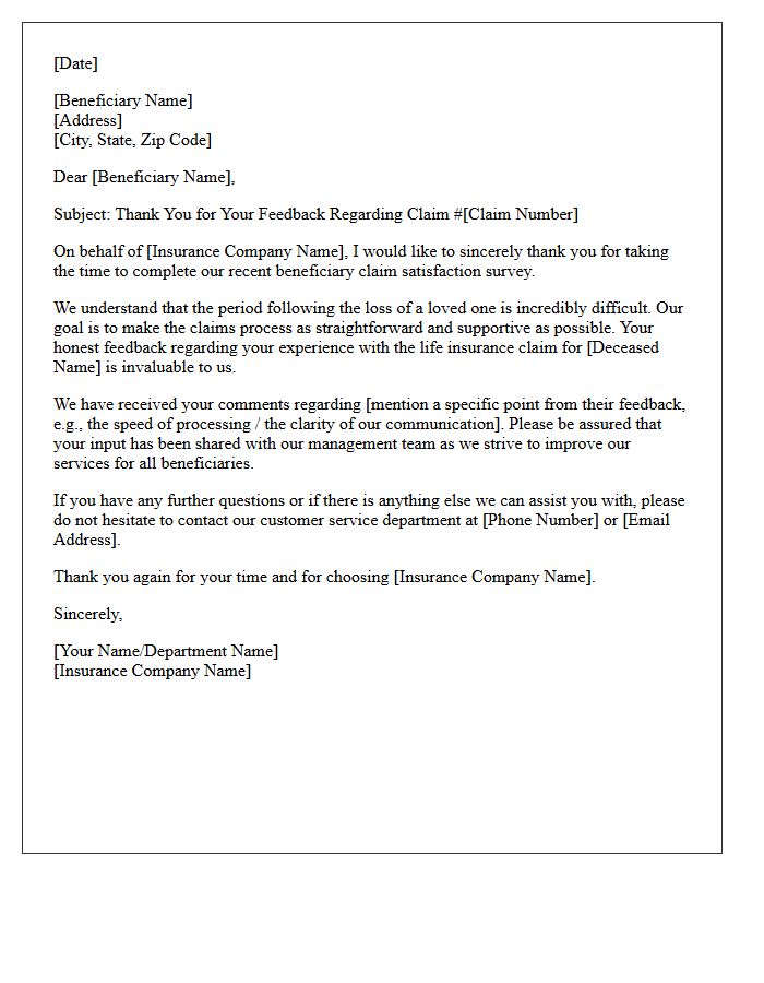 Life Insurance Beneficiary Claim Survey Gratitude Letter