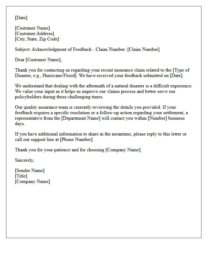 Natural Disaster Claim Feedback Acknowledgment Letter