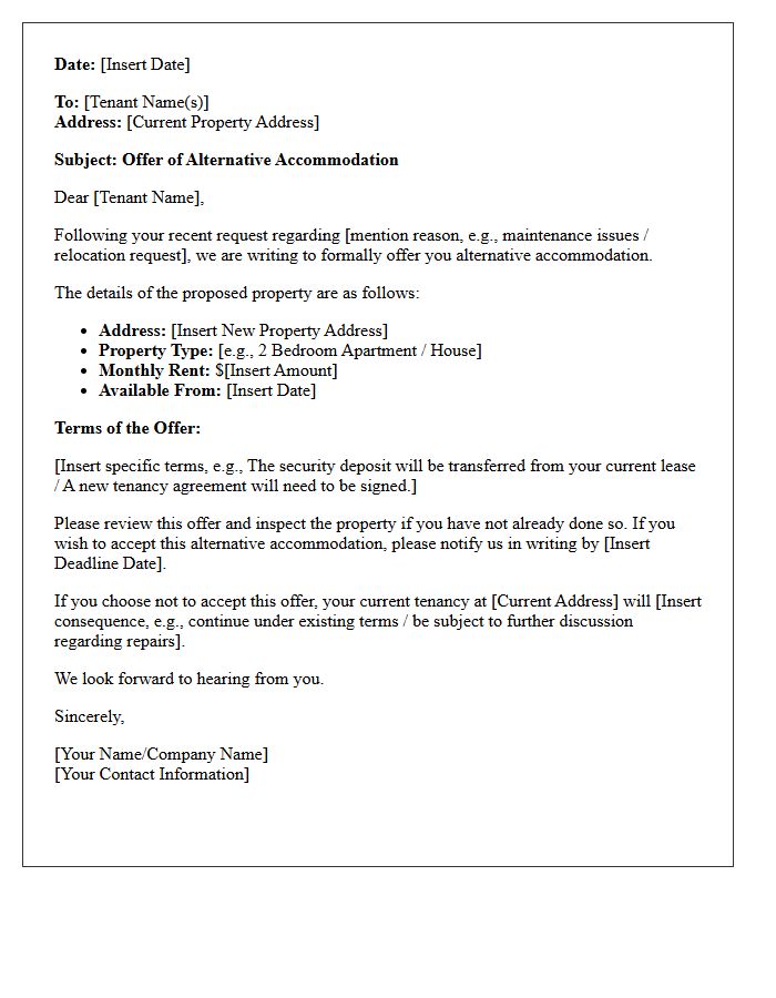 Alternative Accommodation Offer Letter for Tenant Request