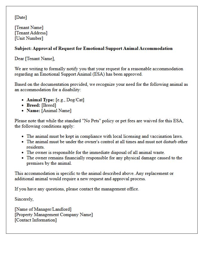 Approval Letter for Emotional Support Animal Accommodation