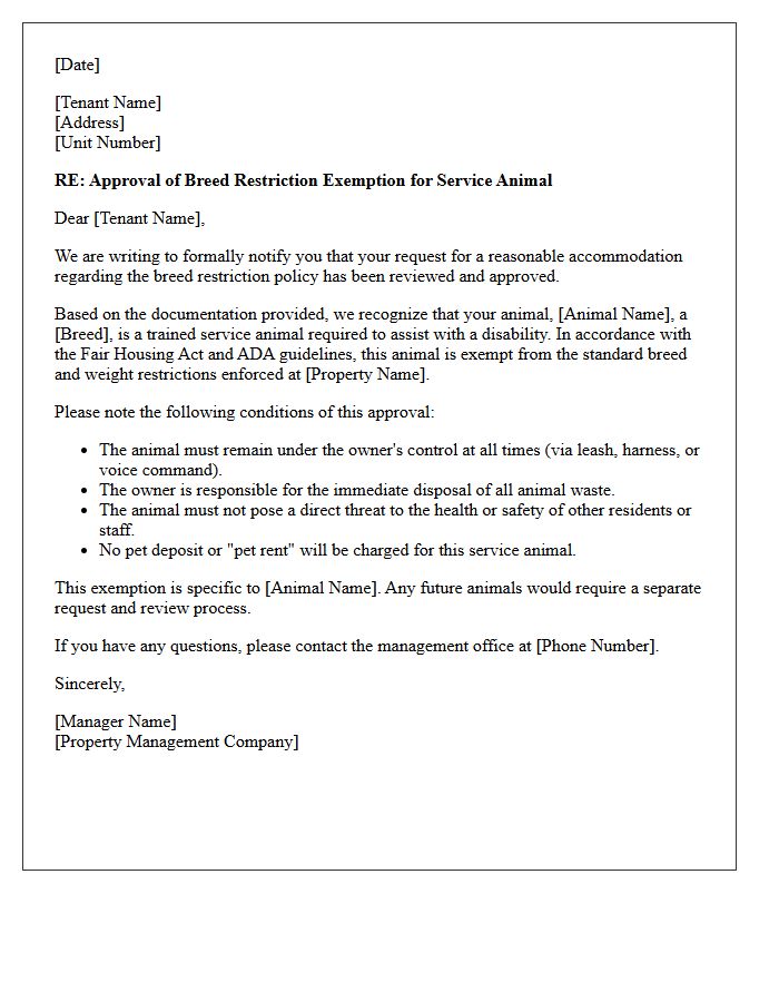 Approval Letter for Service Animal Breed Restriction Exemption