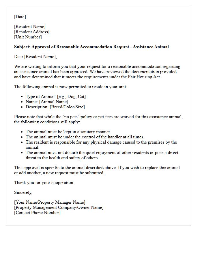 Assistance Animal Accommodation Approval Letter