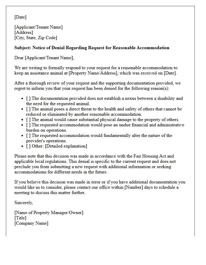 Assistance Animal Accommodation Denial Letter
