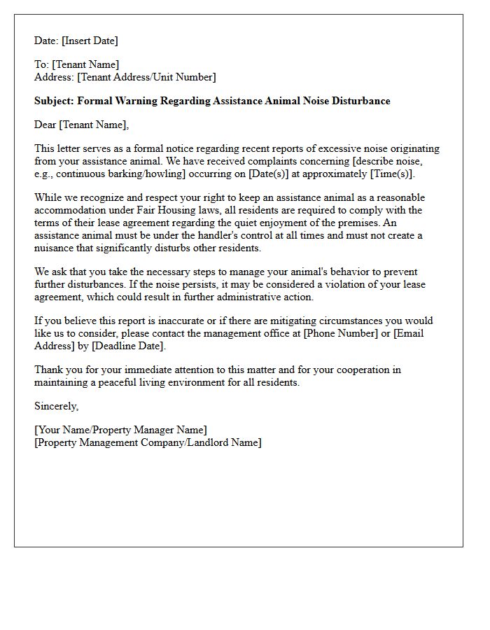 Assistance Animal Noise Complaint Warning Letter