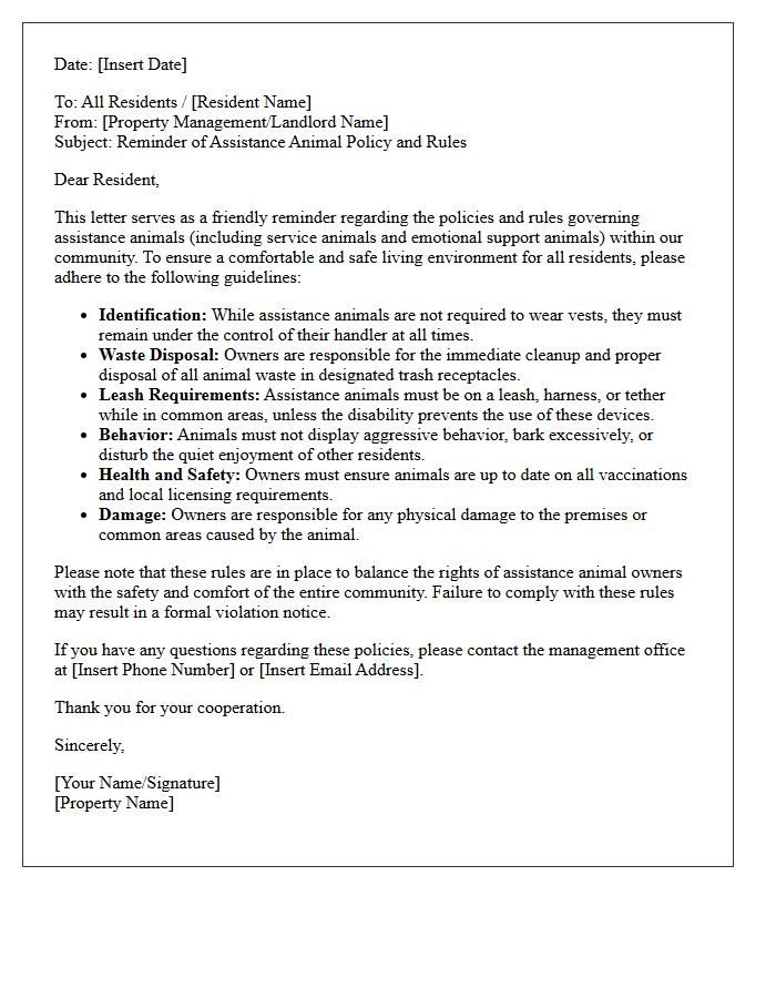 Assistance Animal Policy Rules Reminder Letter