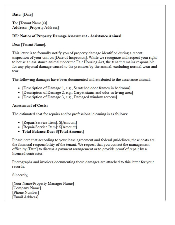Assistance Animal Property Damage Assessment Letter