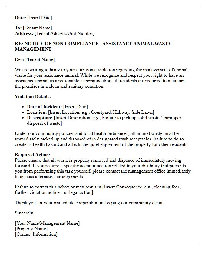 Assistance Animal Waste Management Violation Letter