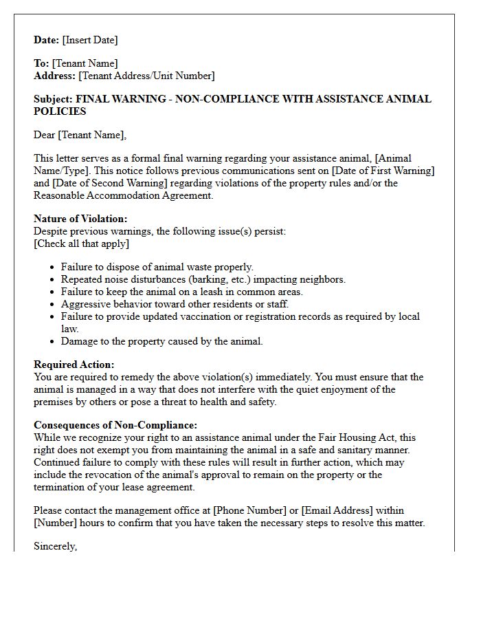 Final Warning for Assistance Animal Compliance Letter
