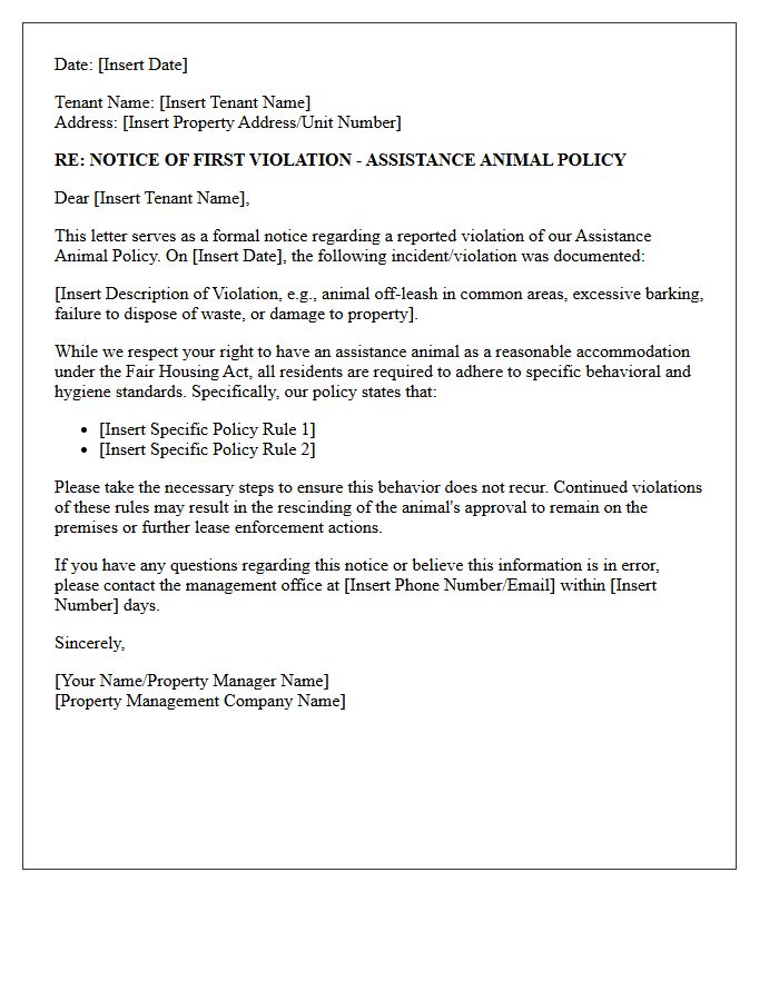 First Violation of Assistance Animal Policy Letter