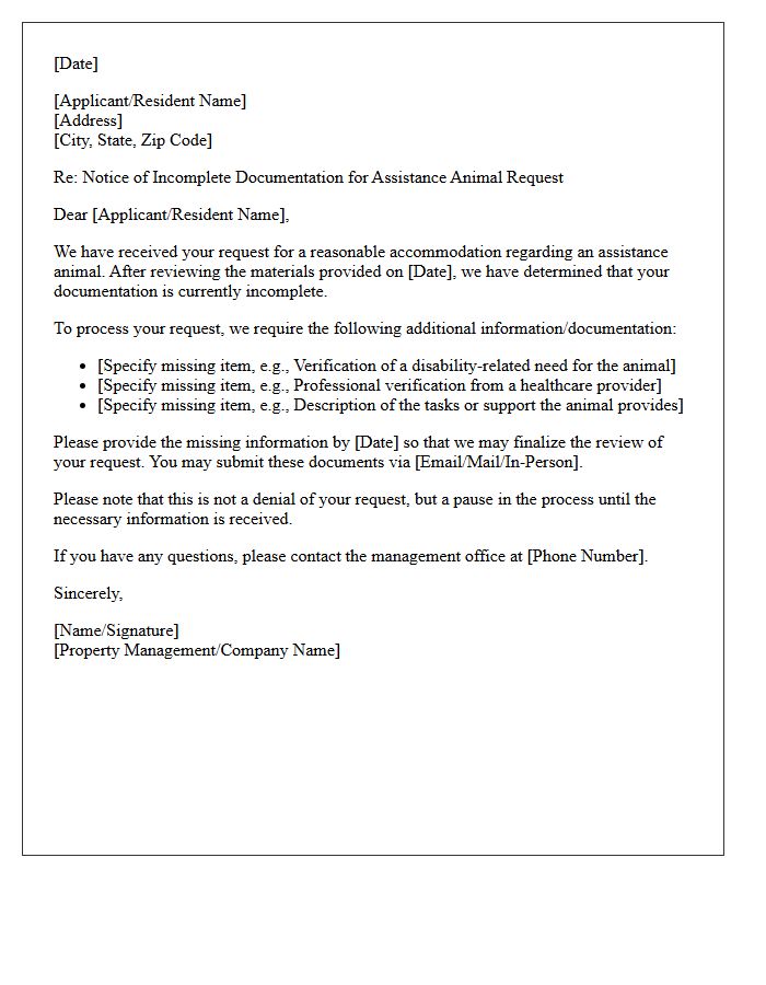 Notice of Incomplete Assistance Animal Documentation Letter