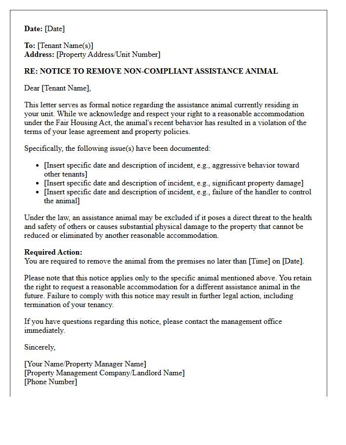 Notice to Remove Non-Compliant Assistance Animal Letter
