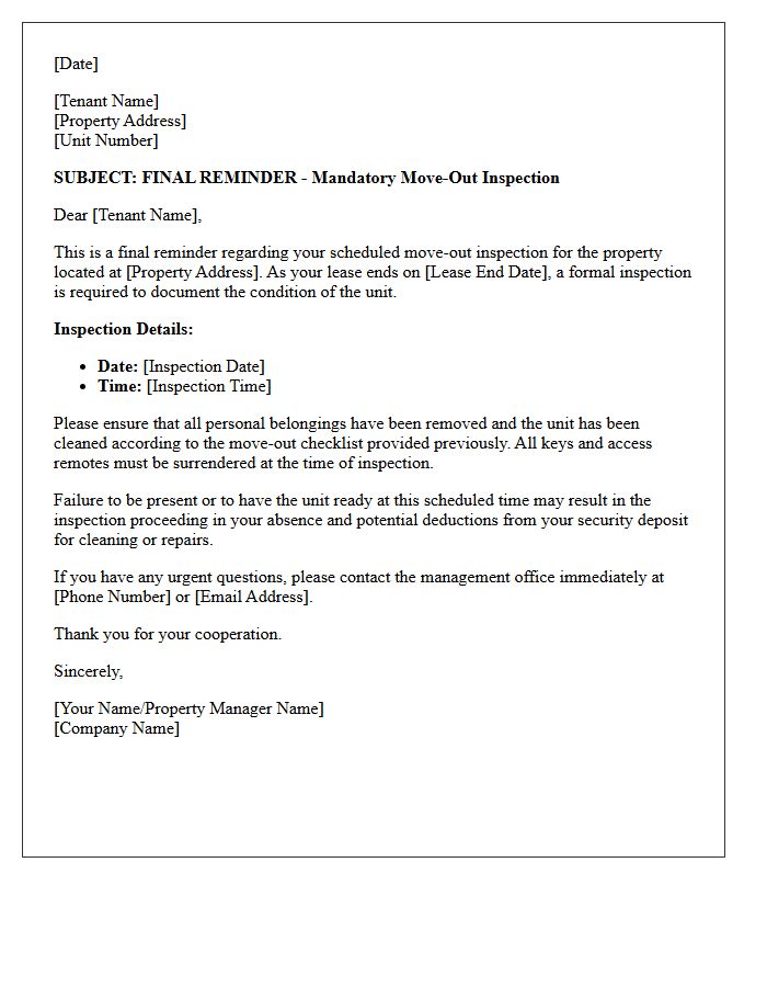 Final Reminder For Mandatory Move-Out Inspection Letter