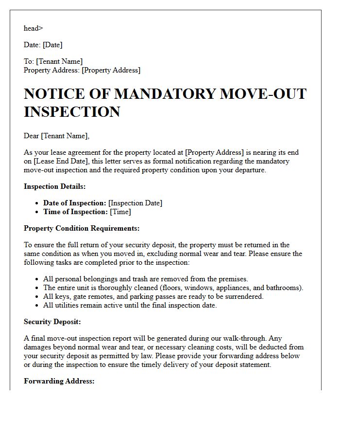 Mandatory Move-Out Inspection And Property Condition Letter