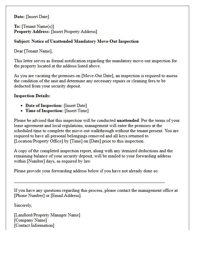 Notice Of Unattended Mandatory Move-Out Inspection Letter
