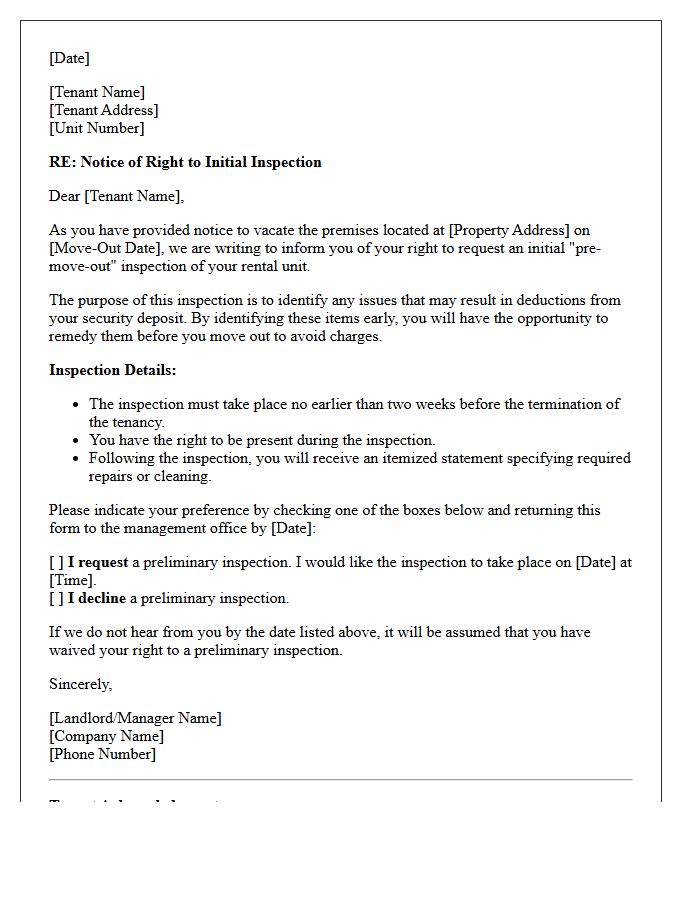 Pre-Move-Out Preliminary Inspection Advisory Letter