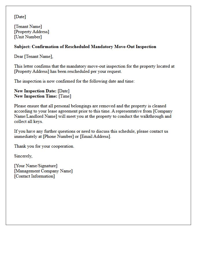 Rescheduled Mandatory Move-Out Inspection Confirmation Letter