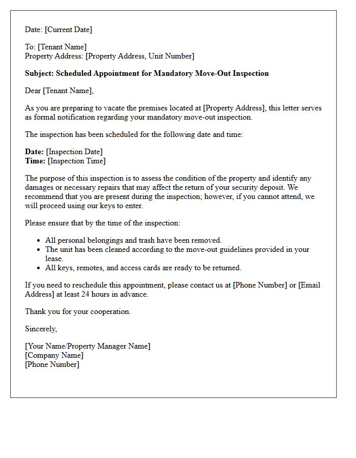 Scheduled Appointment For Mandatory Move-Out Inspection Letter