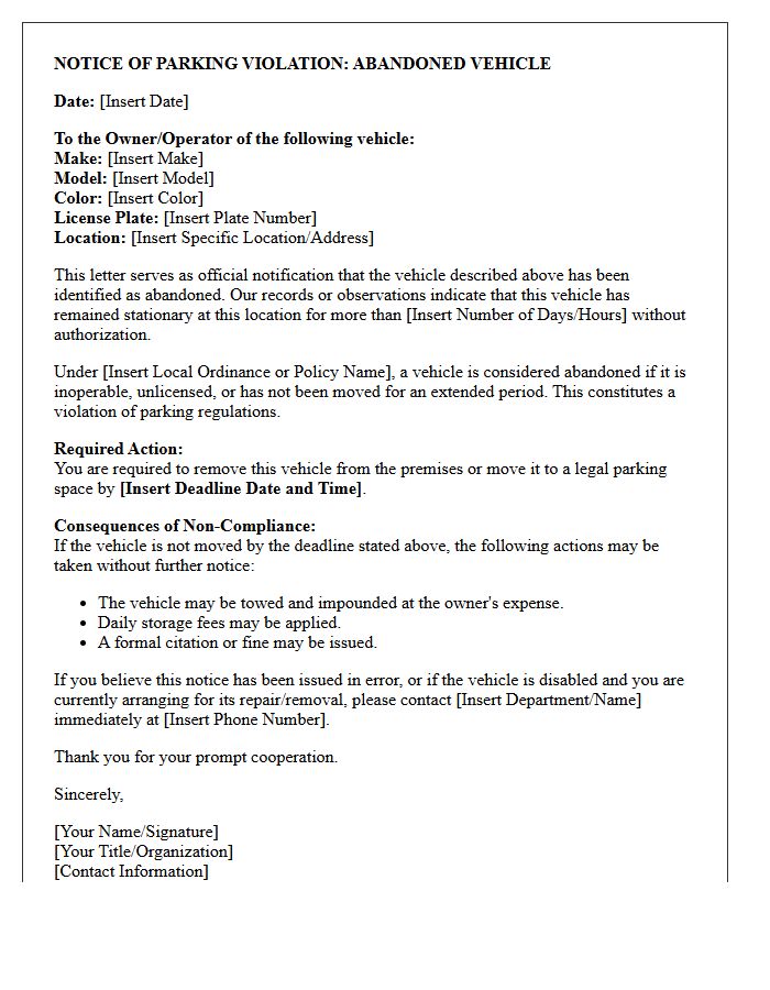Abandoned Vehicle Parking Violation Letter