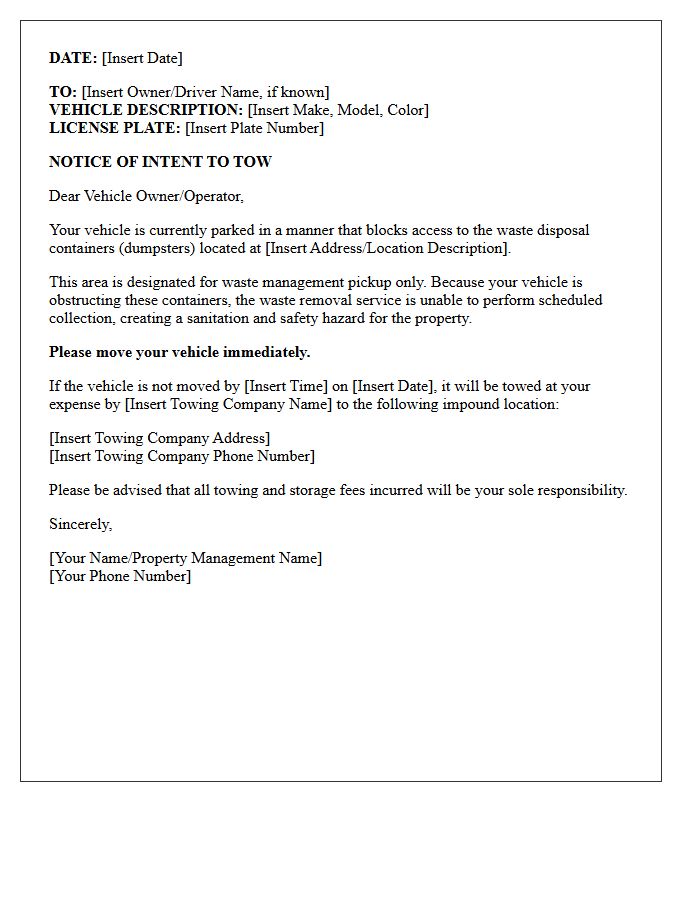 Blocking Dumpster Towing Intent Letter