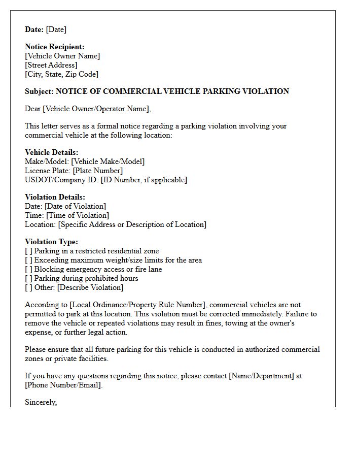 Commercial Vehicle Parking Violation Letter