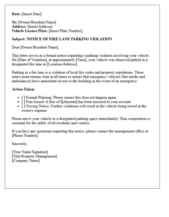 Fire Lane Parking Violation Letter