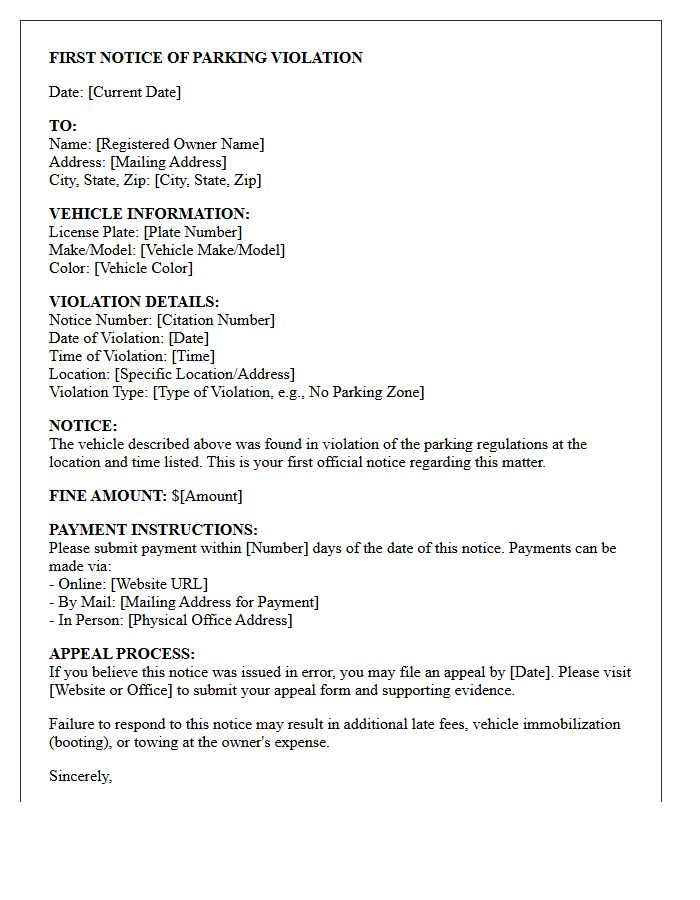 First Notice of Parking Violation Letter