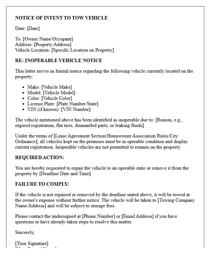 Inoperable Vehicle Towing Intent Letter