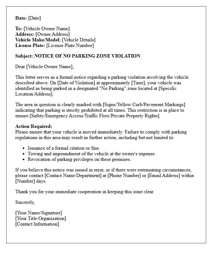 No Parking Zone Violation Letter