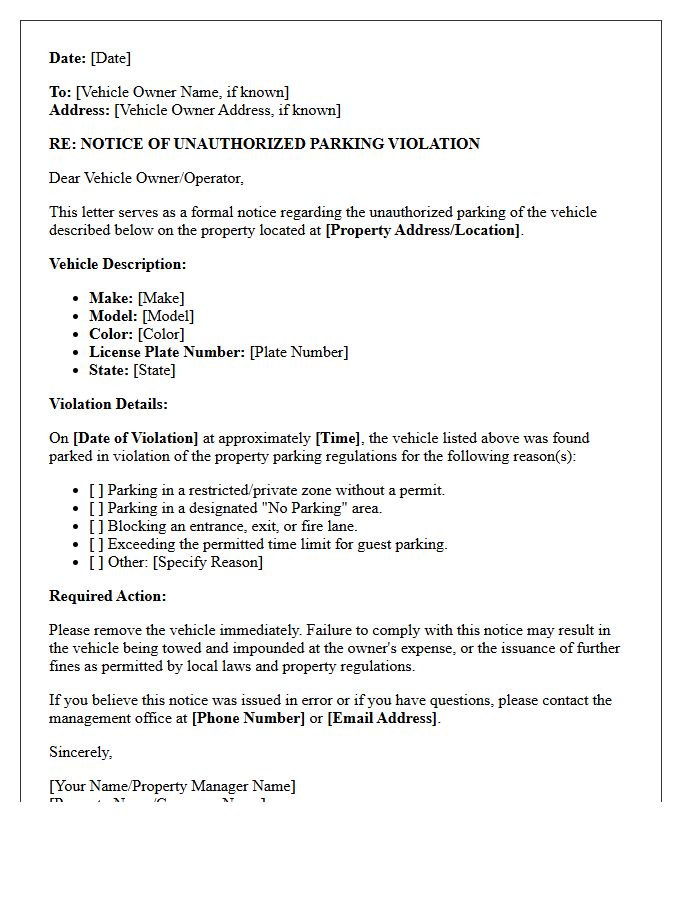Unauthorized Vehicle Parking Violation Letter