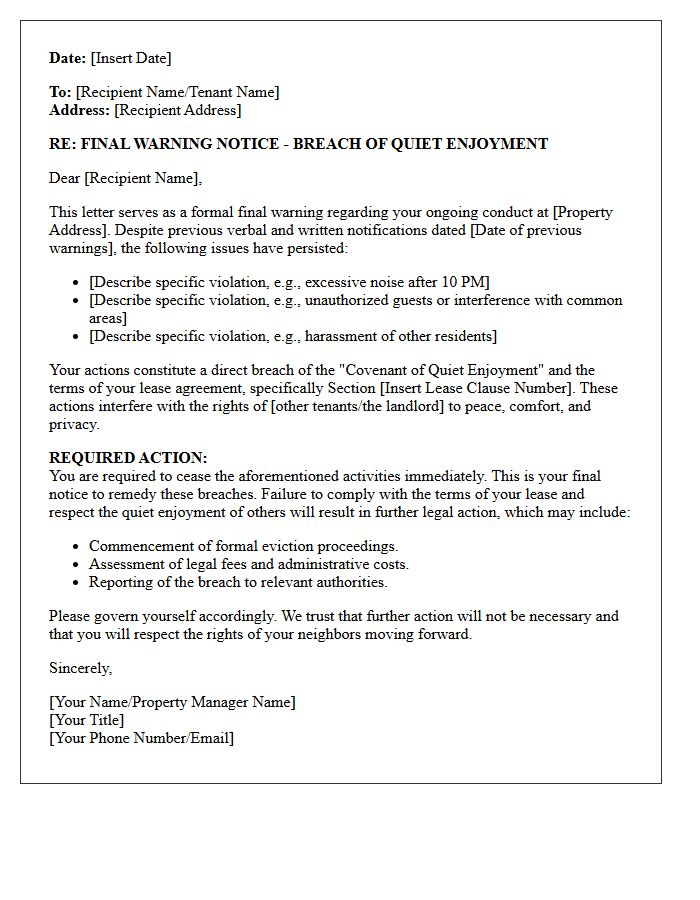 Final Warning Notice of Breach of Quiet Enjoyment Letter