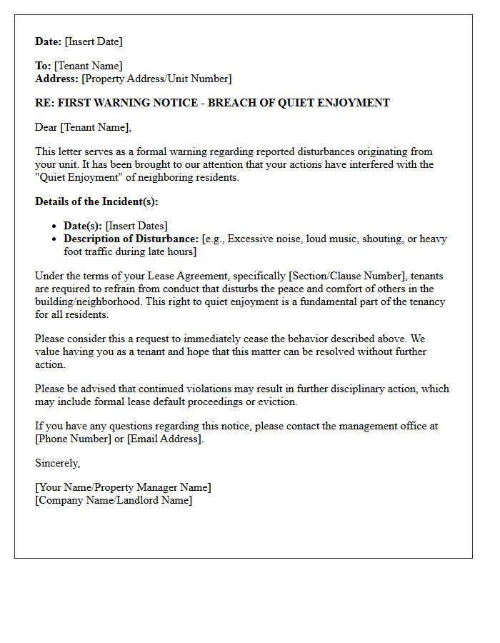 First Warning Notice of Breach of Quiet Enjoyment Letter