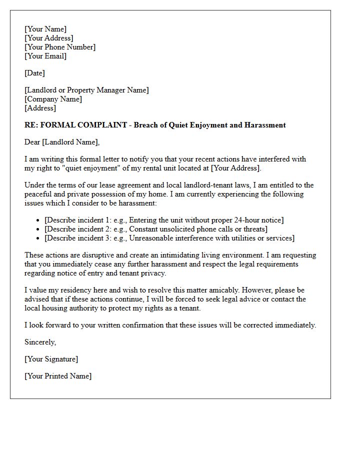 Harassment Dispute Breach of Quiet Enjoyment Letter