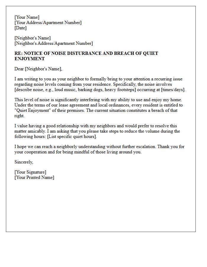 Neighbor Noise Complaint Breach of Quiet Enjoyment Letter