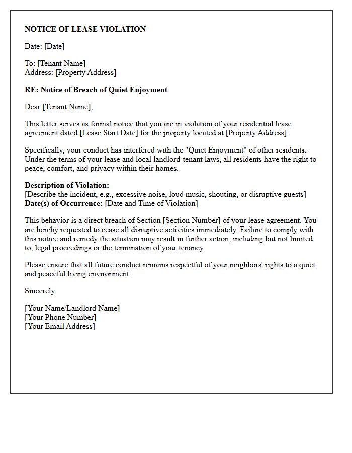 Notice of Lease Violation for Breach of Quiet Enjoyment Letter