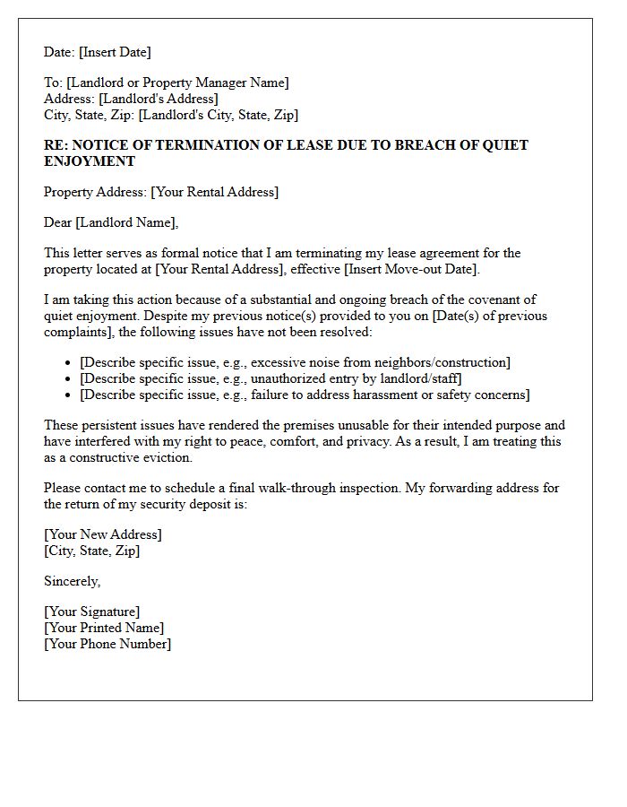 Notice of Termination for Breach of Quiet Enjoyment Letter