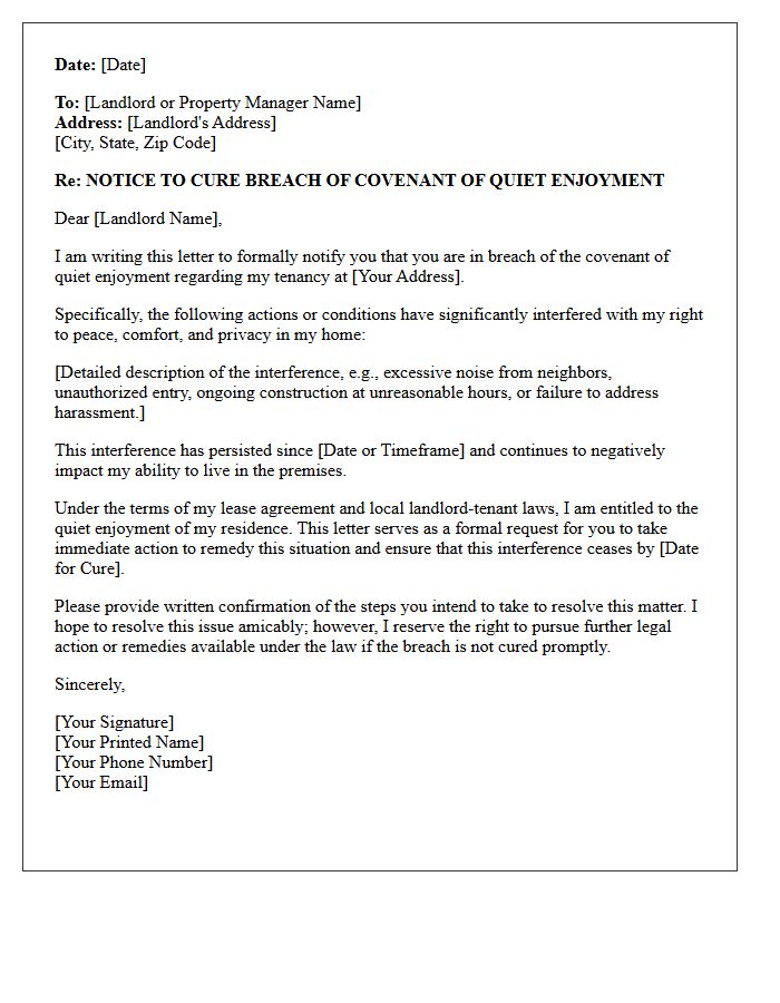 Notice to Cure Breach of Quiet Enjoyment Letter