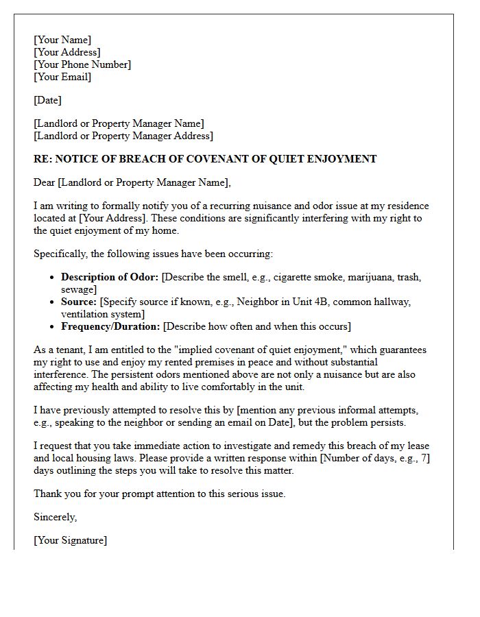 Nuisance and Odor Breach of Quiet Enjoyment Letter