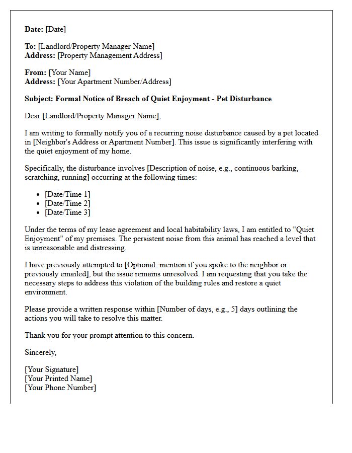 Pet Disturbance Breach of Quiet Enjoyment Letter