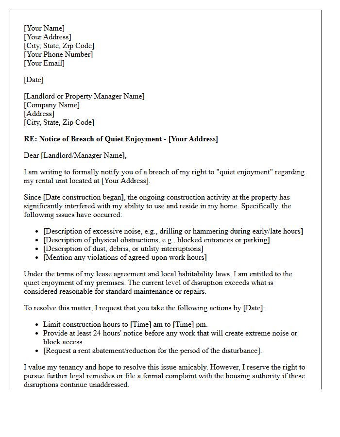 Property Construction Breach of Quiet Enjoyment Letter