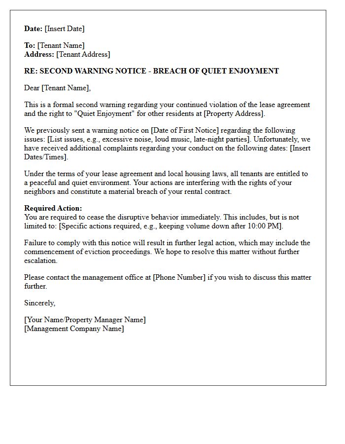 Second Warning Notice of Breach of Quiet Enjoyment Letter