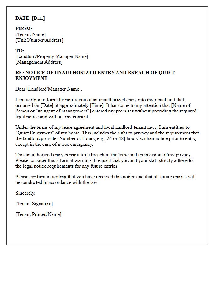 Unauthorized Entry Breach of Quiet Enjoyment Warning Letter