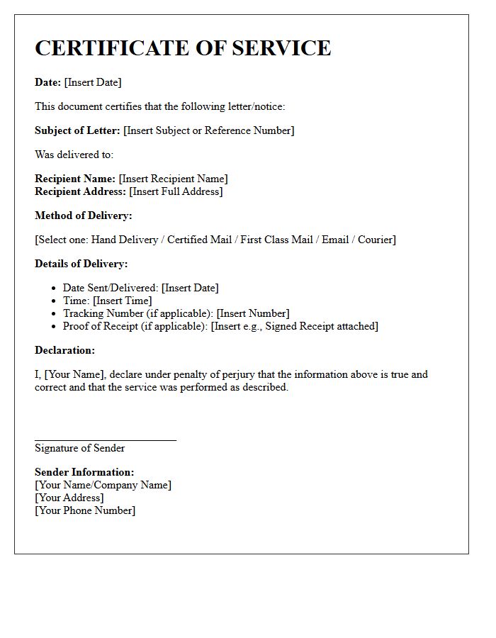 Certificate Of Letter Service Delivery Method