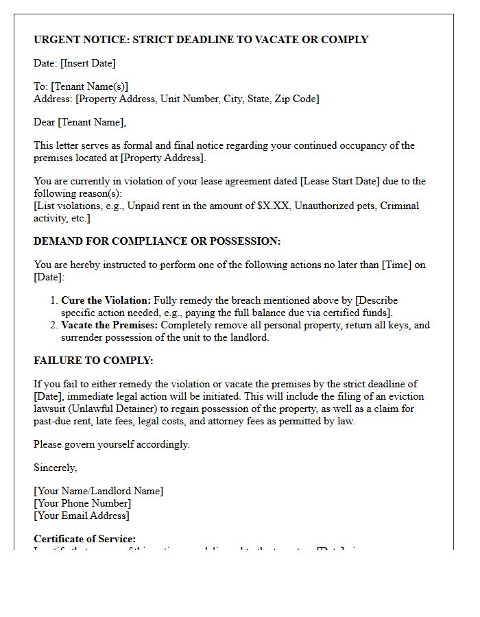 Strict Deadline To Vacate Premises Or Comply