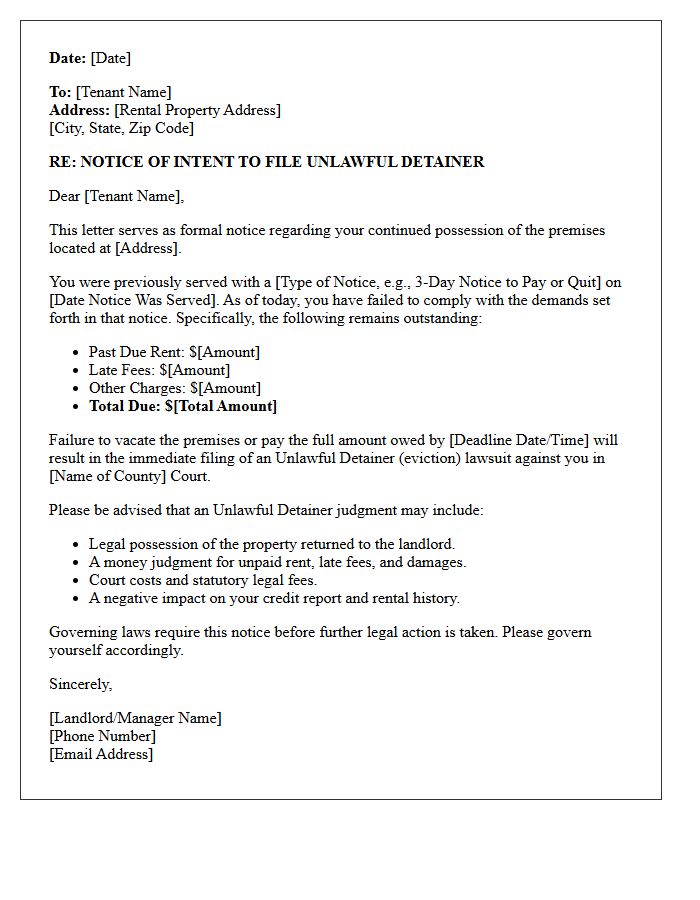 Subject Of Intent To File Unlawful Detainer Letter